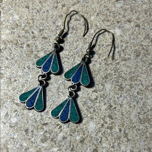 Art Deco Blue and Green Butterfly Wing Earrings